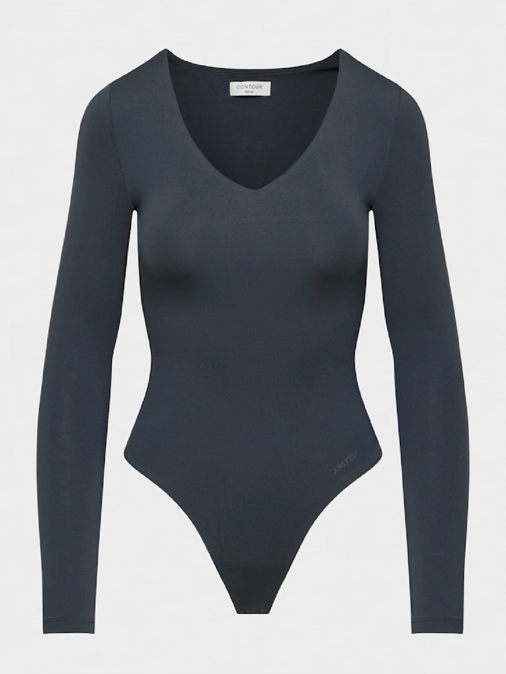 Long-Sleeve V-Neck Bodysuit in Charcoal